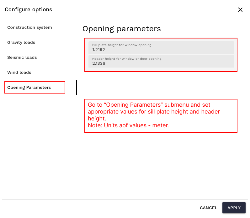 Opening parameters menu